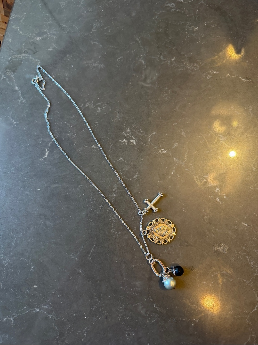 Vintage Silver-Tone Charm Necklace with Cross and Pearl Beads